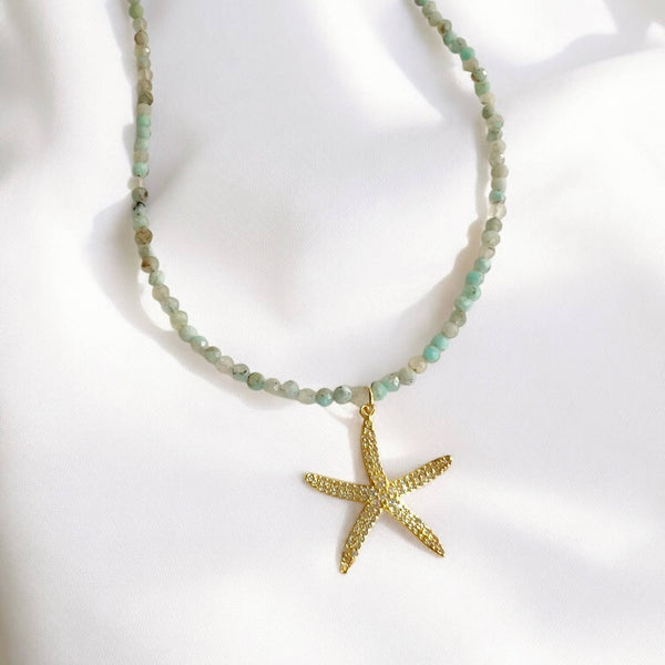 Starfish Beachy Summer Amazonite Beaded Necklace Gold Filled