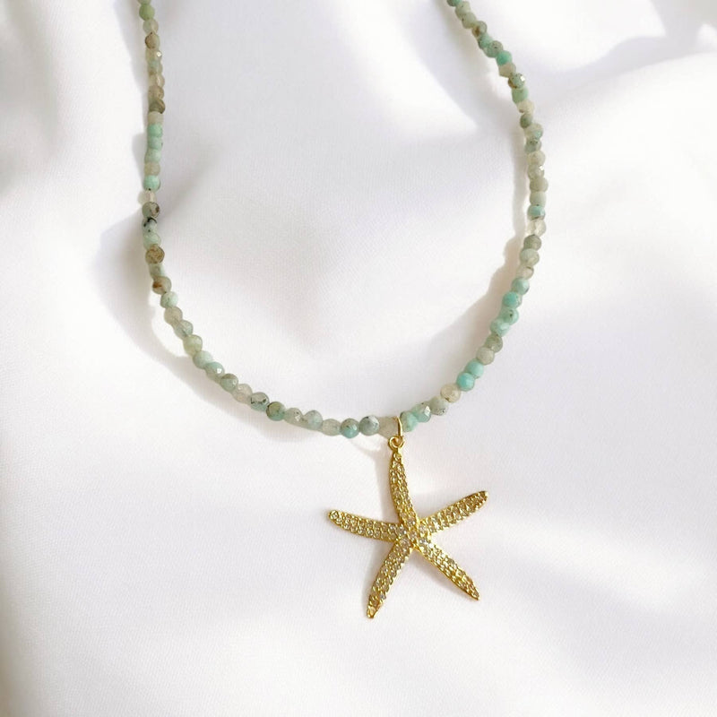 Starfish Beachy Summer Amazonite Beaded Necklace Gold Filled
