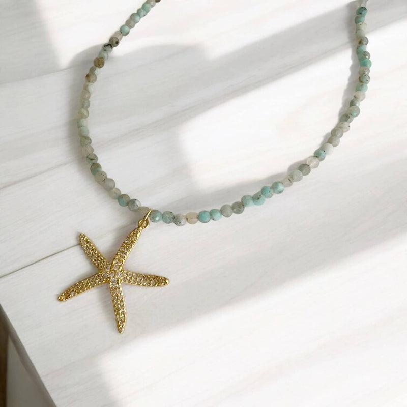 Starfish Beachy Summer Amazonite Beaded Necklace Gold Filled