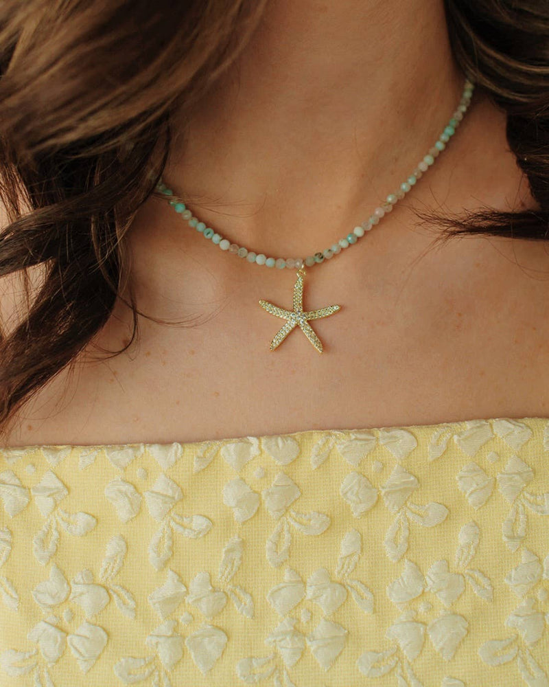 Starfish Beachy Summer Amazonite Beaded Necklace Gold Filled